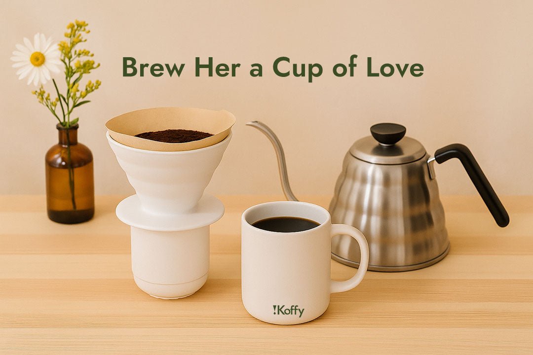 A heartfelt Mother's Day gift scene featuring iKoffy coffee gear, flowers, and a cup of pour-over coffee on a sunlit breakfast table.