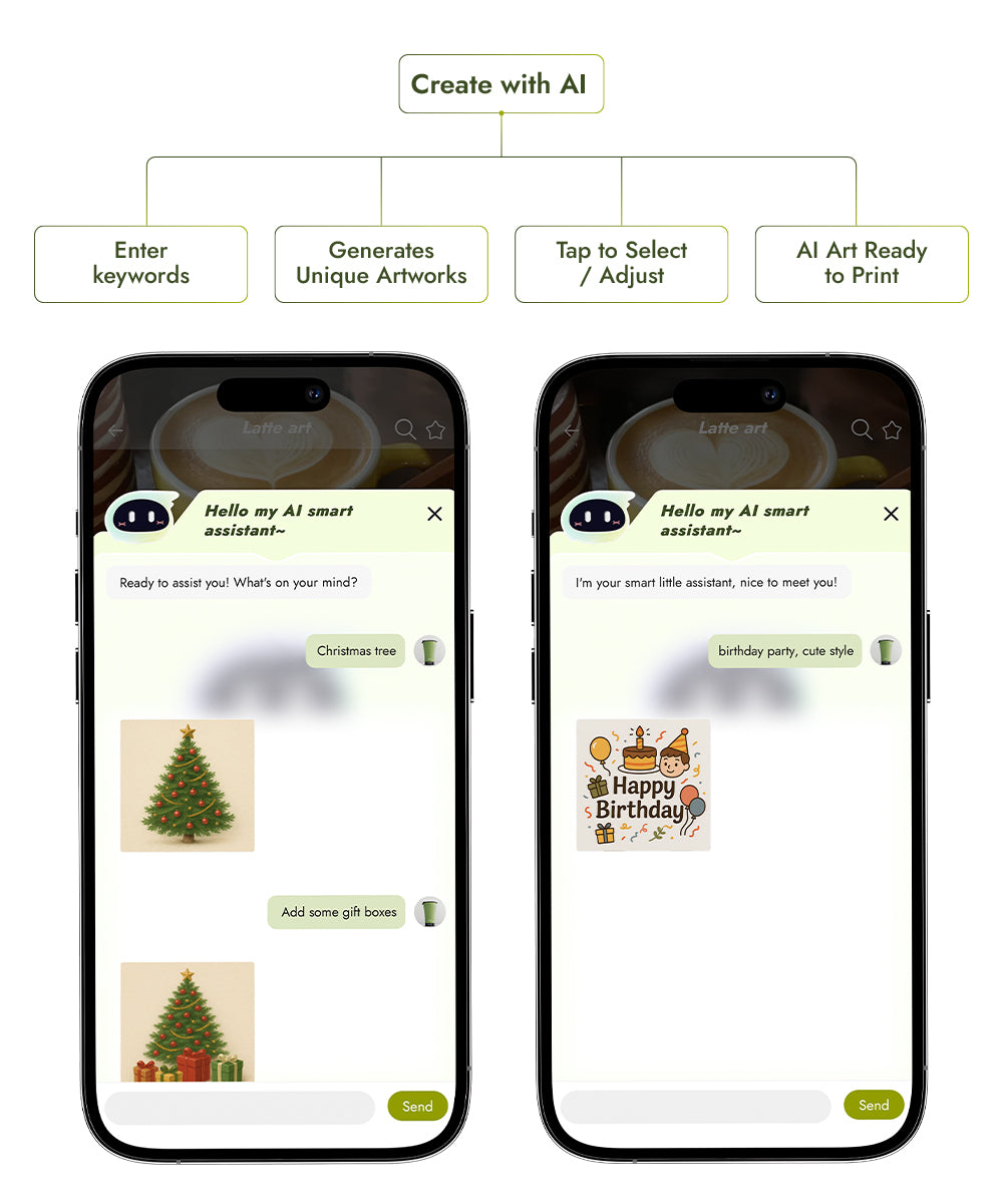 iKoffy App with AI design generator for food printing – control your EdiBot food printer with smart wireless features.