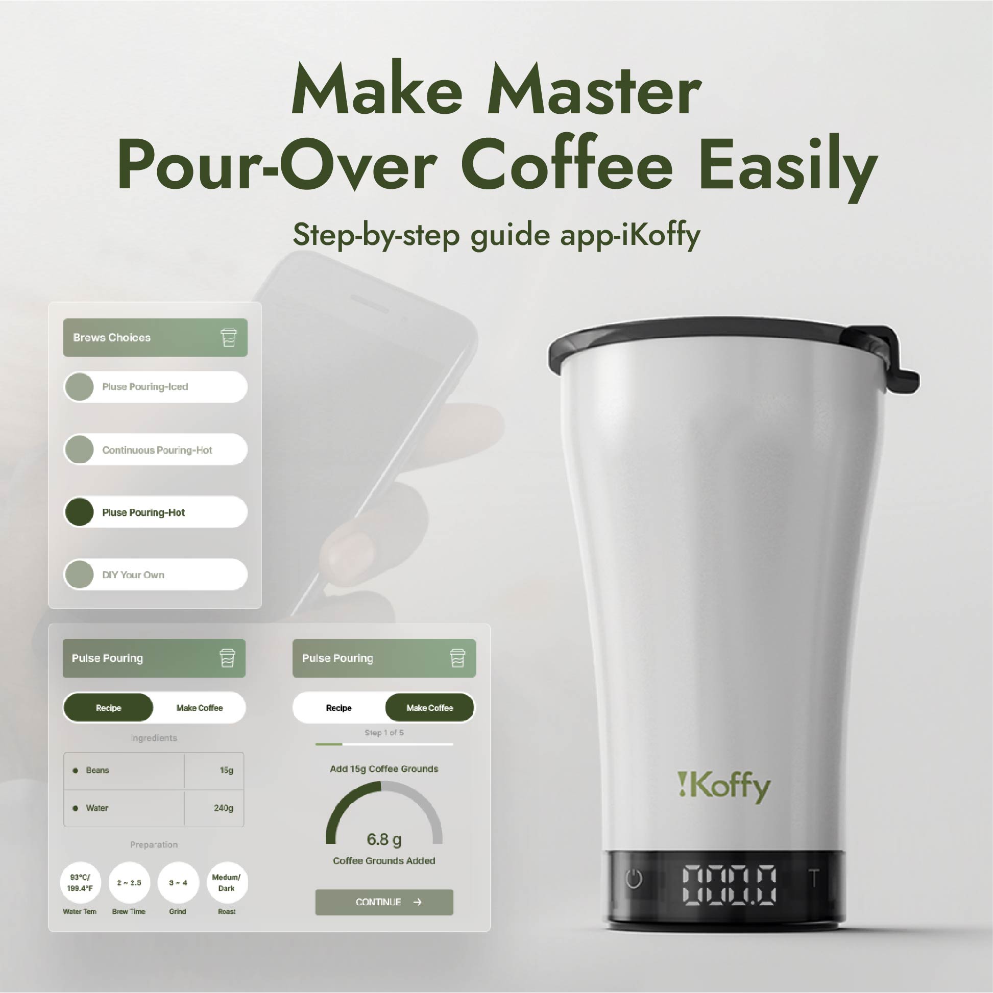 Smart Brew Guide interface in the iKoffy App, offering precise brewing instructions for perfect coffee every time.