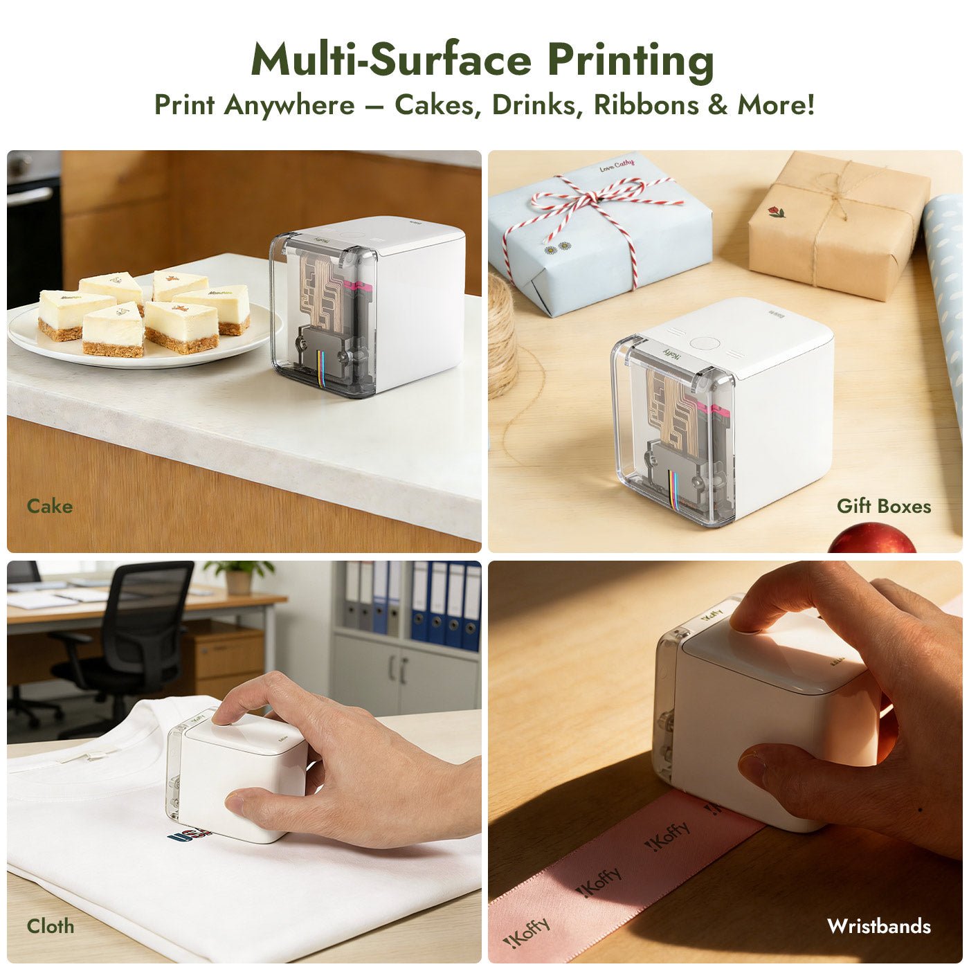 EdiLite color food printer printing edible designs on cakes, gift boxes, ribbons and fabric surfaces