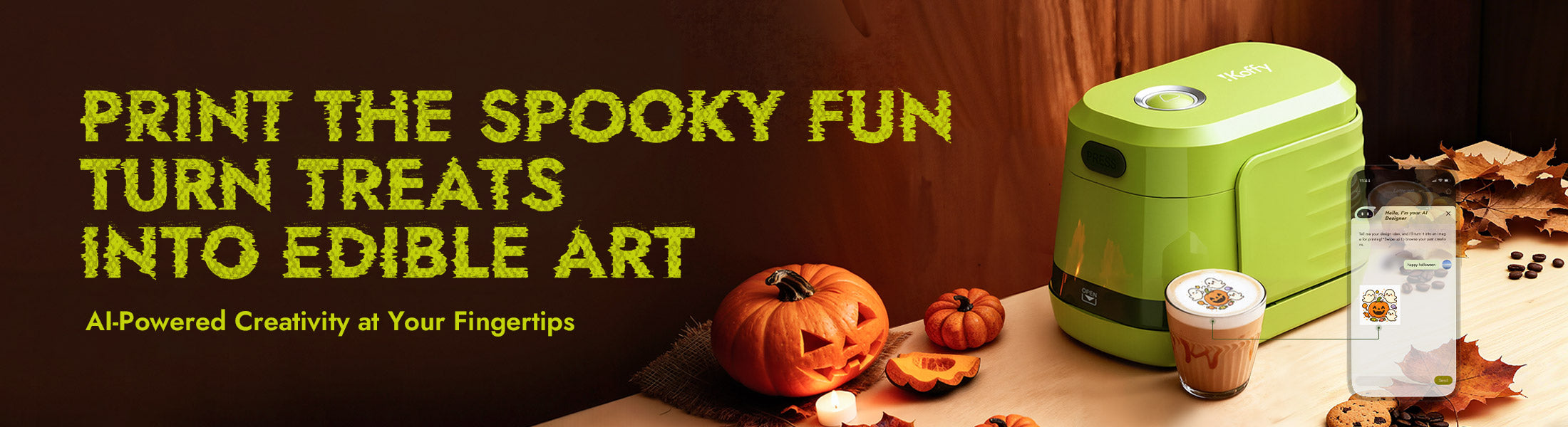 Halloween coffee scene with EdiBot AI Food Printer — Enjoy up to $150 off this festive season.