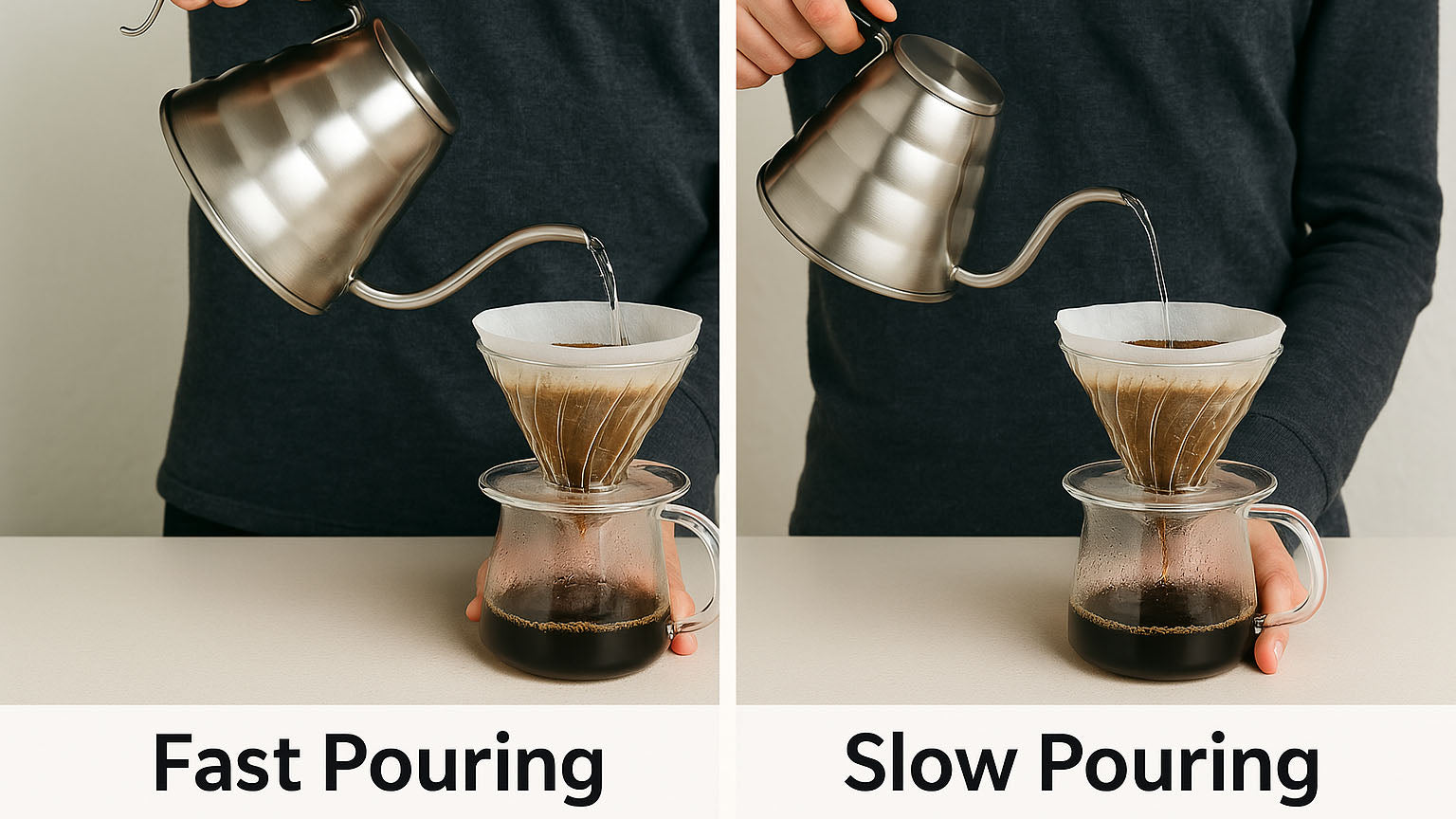 Fast vs slow water pouring technique in pour over coffee making.