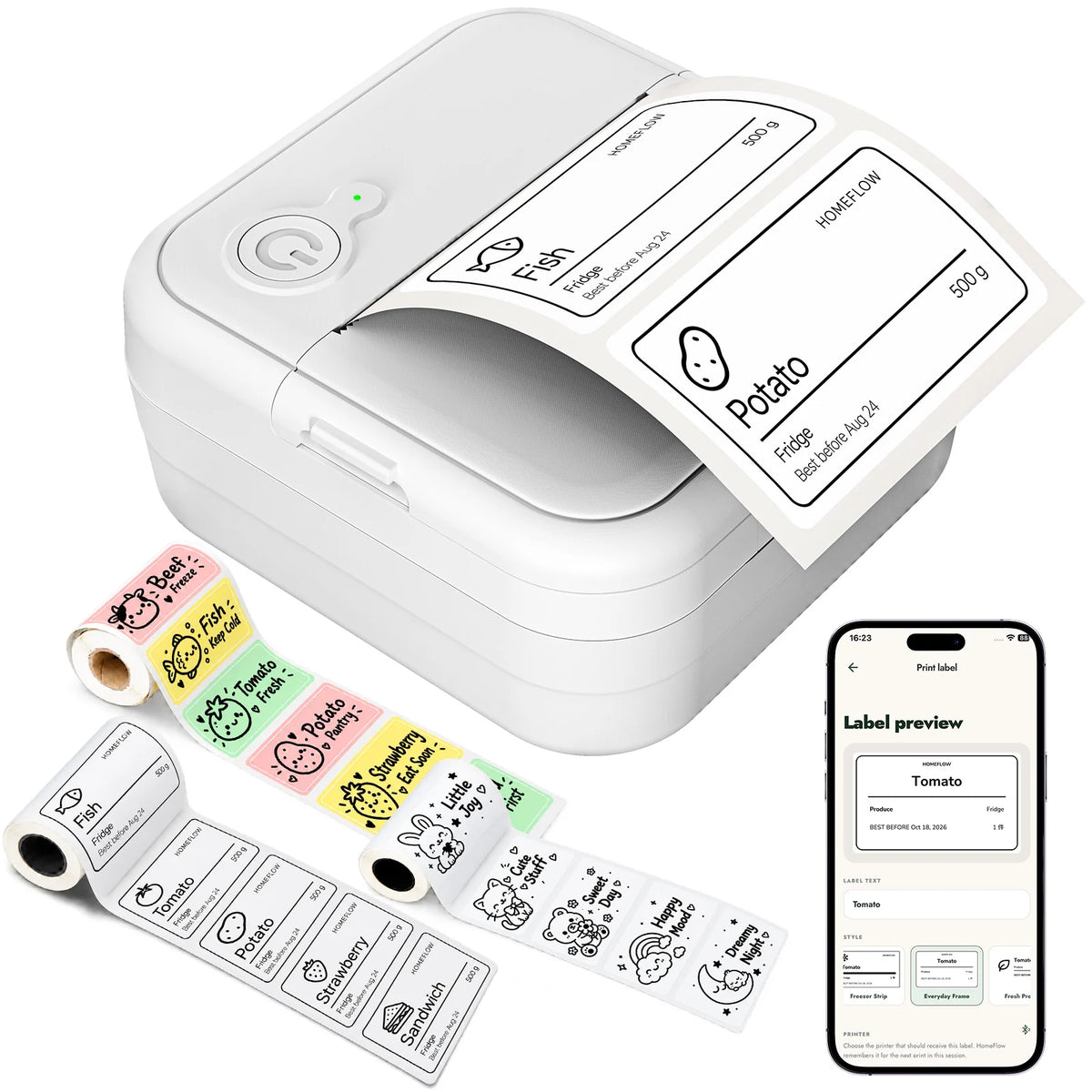 Angled view of the FreshTag label printer with fish and potato labels, label rolls and the HomeFlow app.