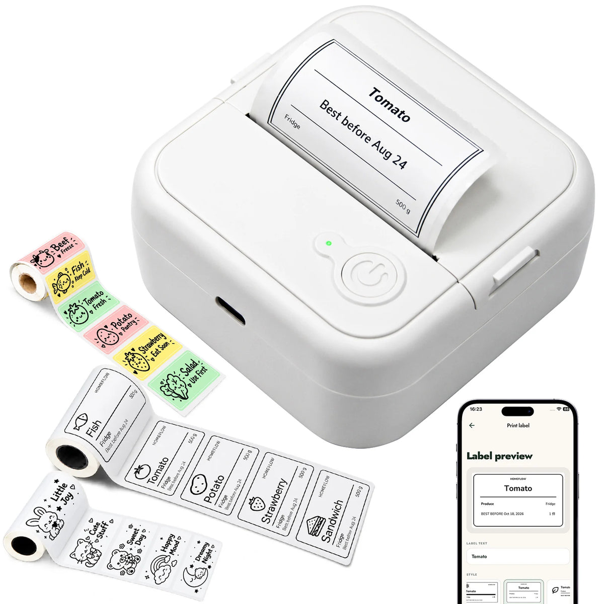 Top view of the FreshTag food label printer printing a tomato label, with label rolls and a HomeFlow app preview.