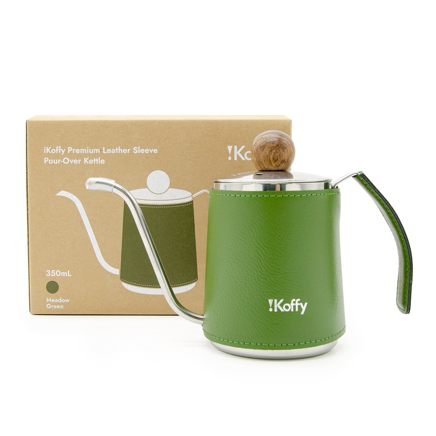 iKoffy best pour over coffee kettle in Meadow Green with premium leather sleeve, displayed with eco-friendly packaging.