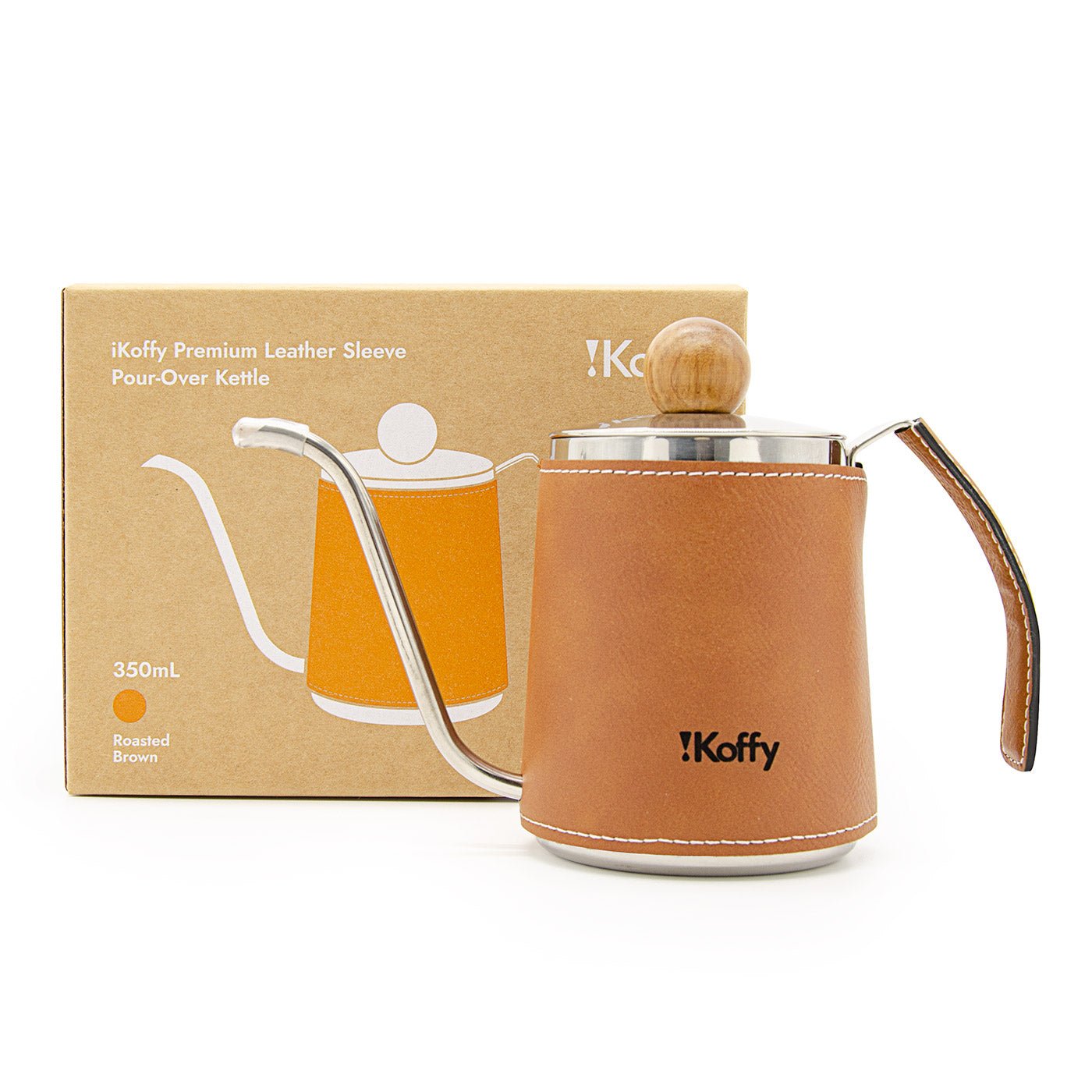 iKoffy best pour over kettle in Roasted Brown with premium leather sleeve, shown alongside sustainable packaging.
