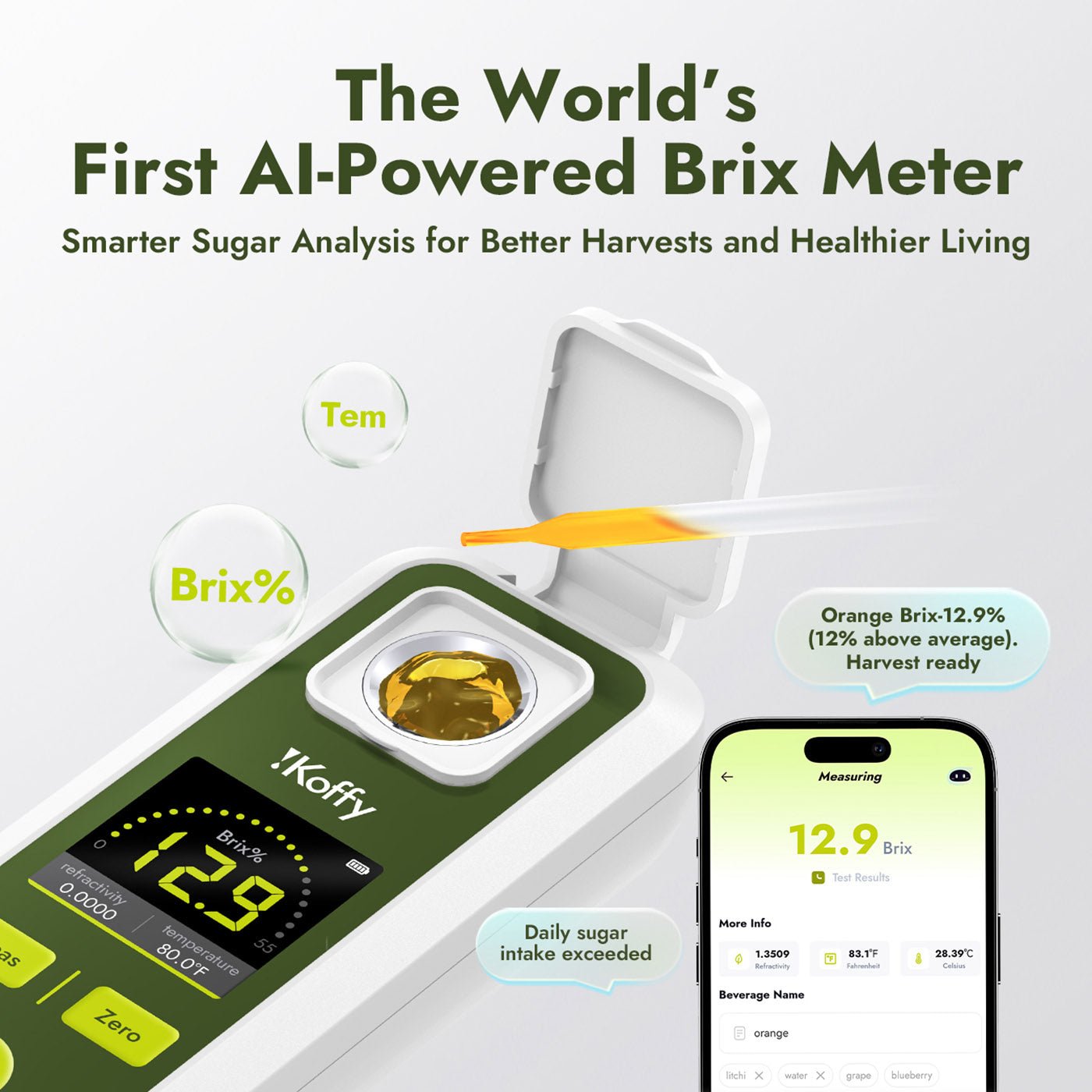 AI-powered Brix meter testing fresh orange juice, with real-time sugar content displayed on smartphone app