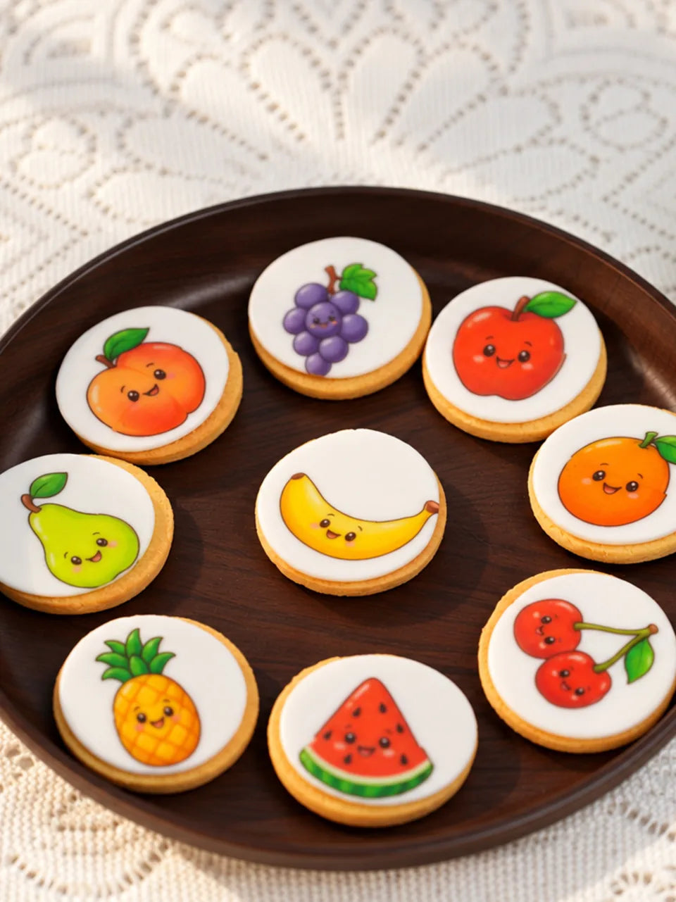 Iced cookies with colorful fruit characters printed on white icing.