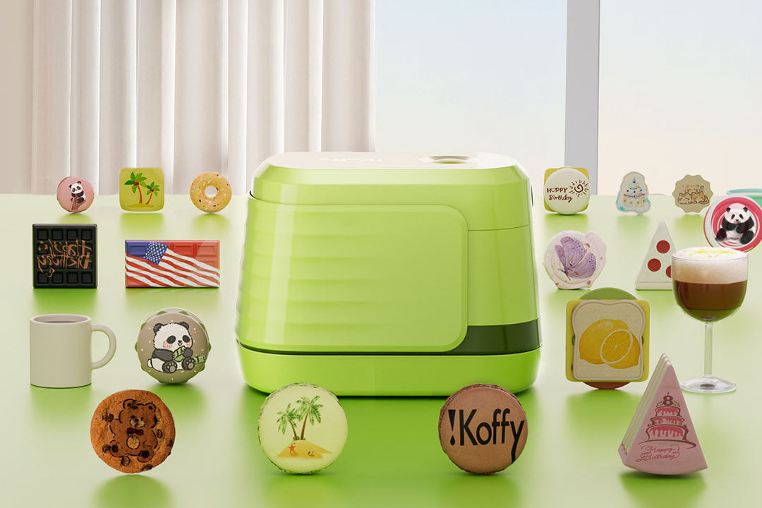 EdiBot AI food printer creating custom designs on coffee, cakes, and cookies, showcasing multiple edible surfaces for creative printing.
