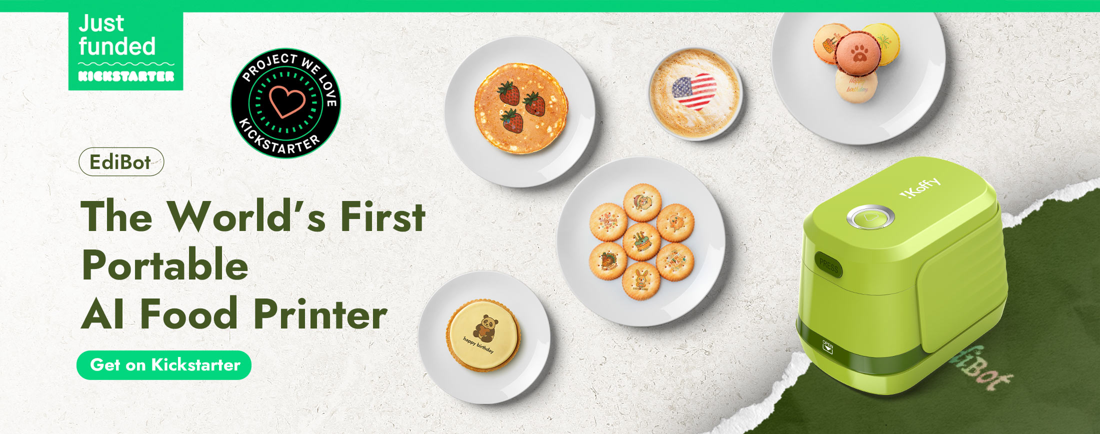 iKoffy EdiBot – AI-powered food inkjet printer just funded on Kickstarter. Print edible art on coffee, cookies, cakes and more. Get on Kickstarter now.