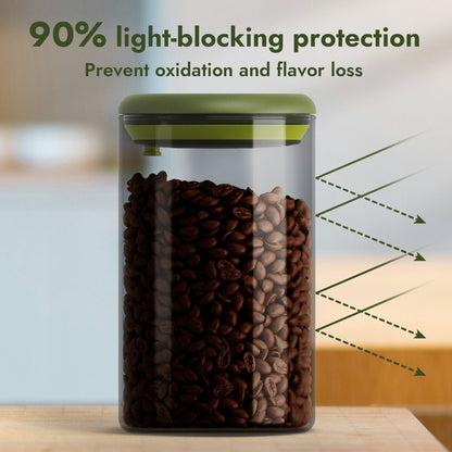 iKoffy Borosilicate Glass Storage Canister with 90% light-blocking protection, preventing UV rays from reaching coffee beans.