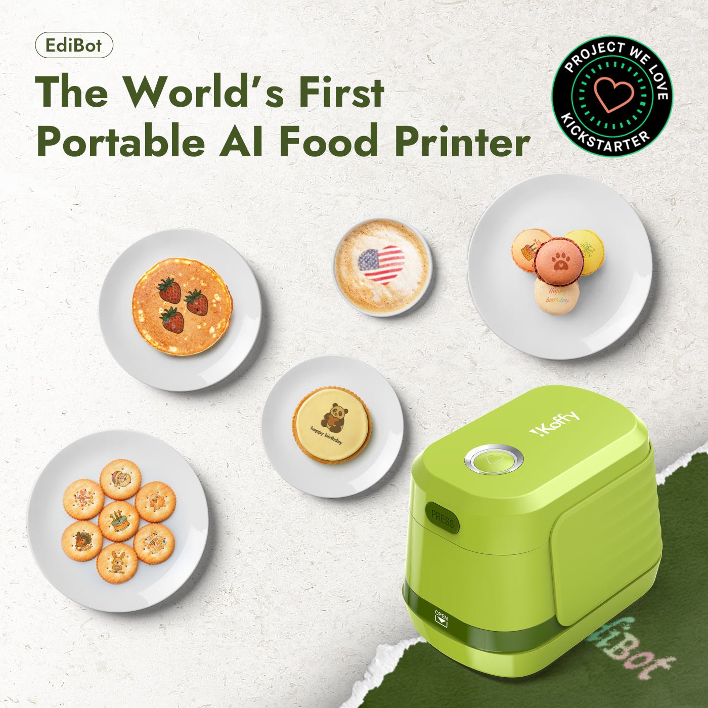 iKoffy Kickstarter EdiBot  now live – the world’s first AI-powered food inkjet printer for coffee, desserts, and more.