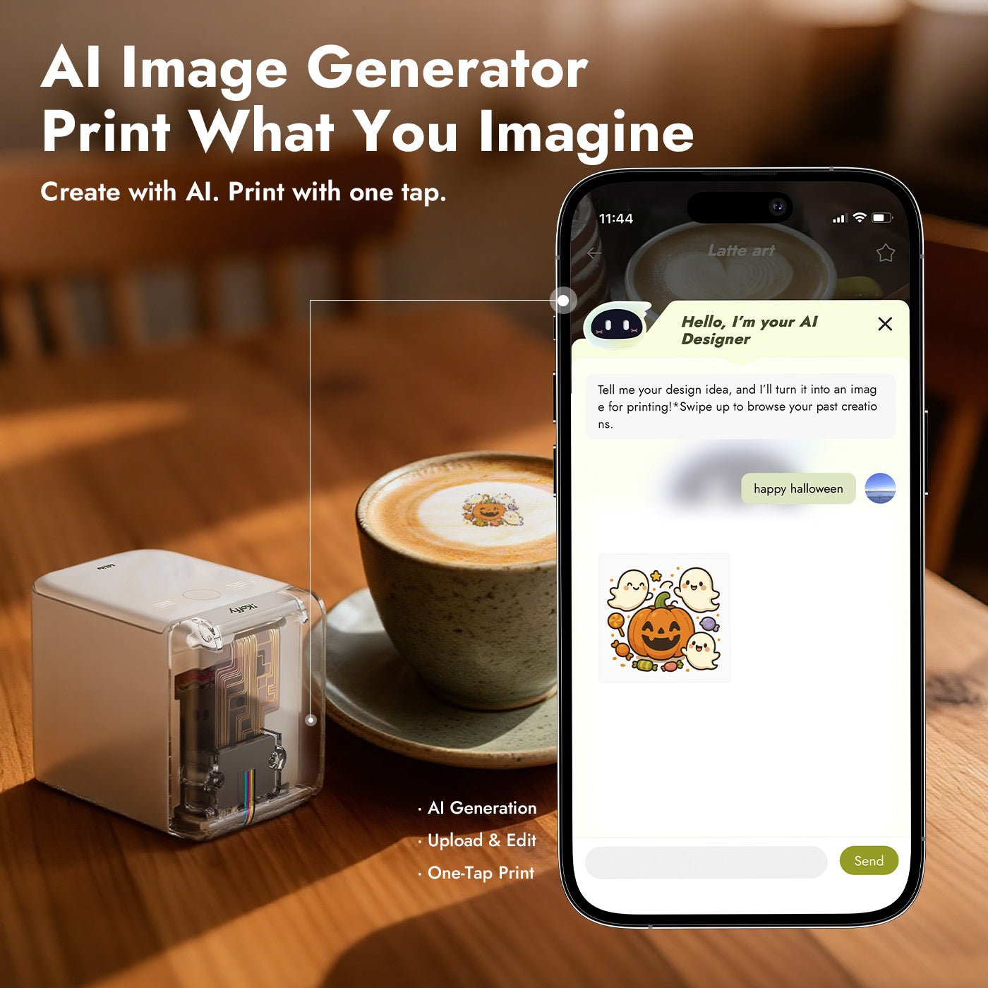 EdiLite AI-powered food printer connected to mobile app for smart image selection and edible printing