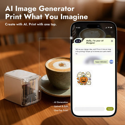 EdiLite AI-powered food printer connected to mobile app for smart image selection and edible printing