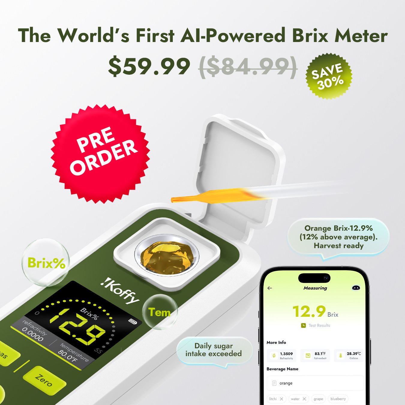 Pre-order offer: 30% off iKoffy AI Brix Refractometer – digital brix meter with real-time app sync
