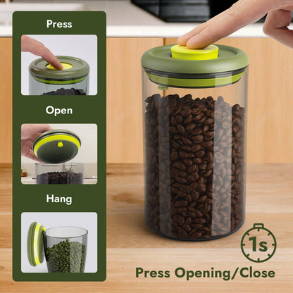 iKoffy FreshGuard Coffee Canister demonstrating the 1-second press-to-open lid for easy access.