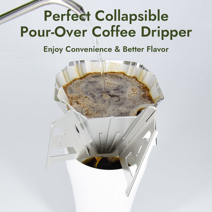 iKoffy collapsible stainless steel coffee dripper showcasing its high-flow, low-bypass design for precise brewing control.