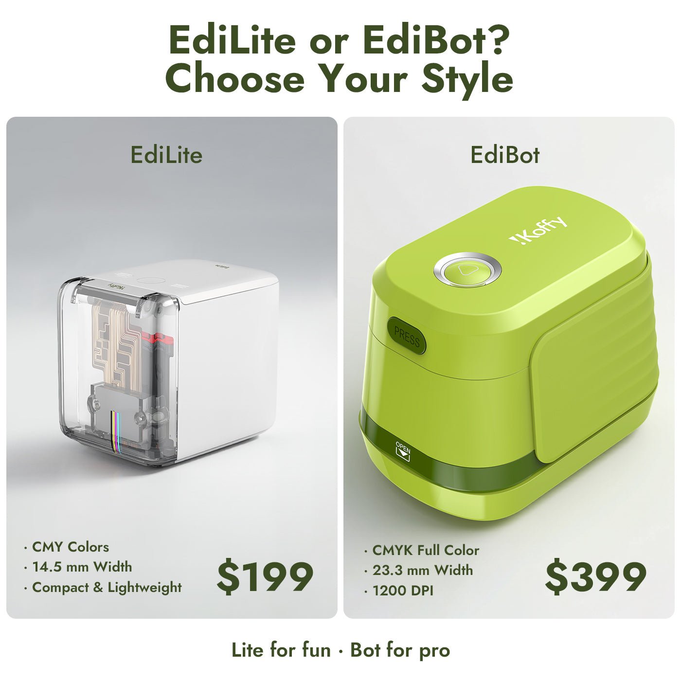 Comparison of EdiLite vs EdiBot food printers showing size, color system and print width differences