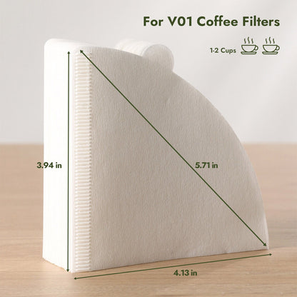 V01 coffee filter packs, designed for 1-2 cup coffee brewers, with precise dimensions: height 3.94 in, bottom 4.13 in