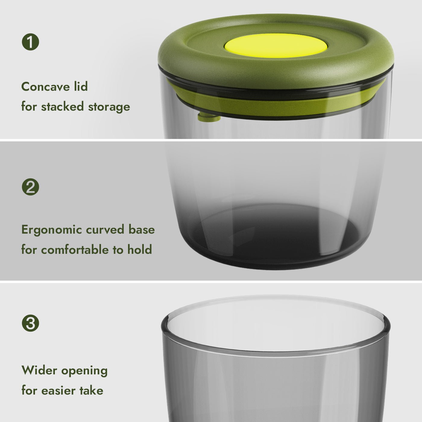 iKoffy FreshGuard Coffee Canister features include a concave lid for easy stacked storage, an ergonomic curved base for a comfortable grip, and a wider opening for effortless access to contents.