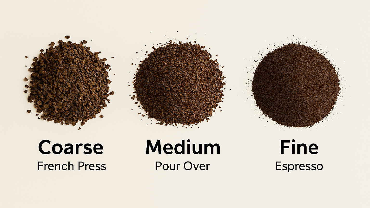 Comparison of coarse, medium, and fine coffee grind sizes for pour over brewing.