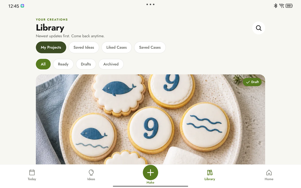 HomeSpark Library showing a saved ocean-themed cookie project and project status filters.
