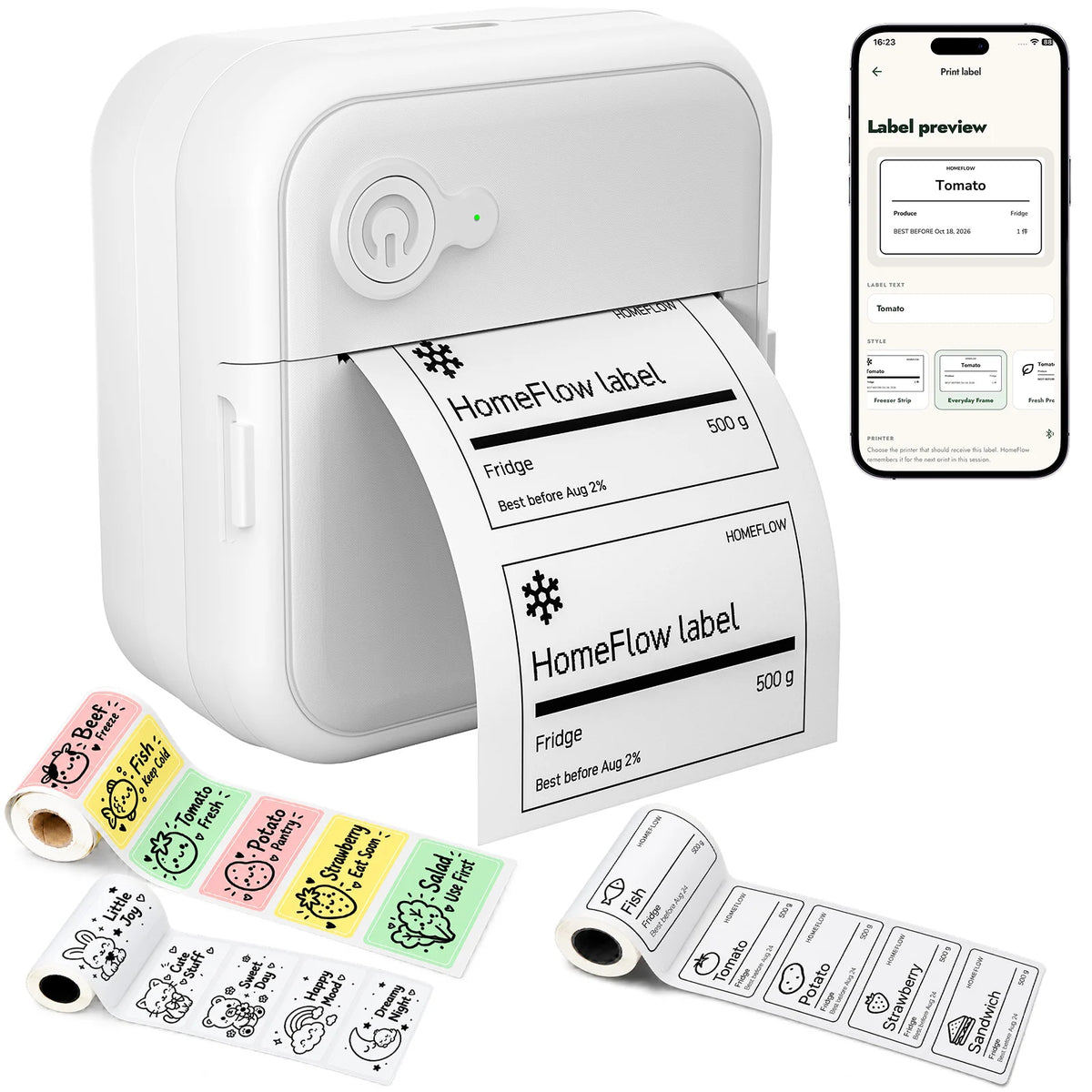 FreshTag white food label printer with printed labels, label rolls and a HomeFlow app preview.