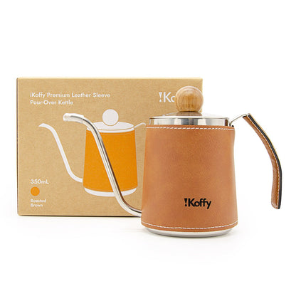 iKoffy best pour over kettle in Roasted Brown with premium leather sleeve,  shown alongside sustainable packaging.