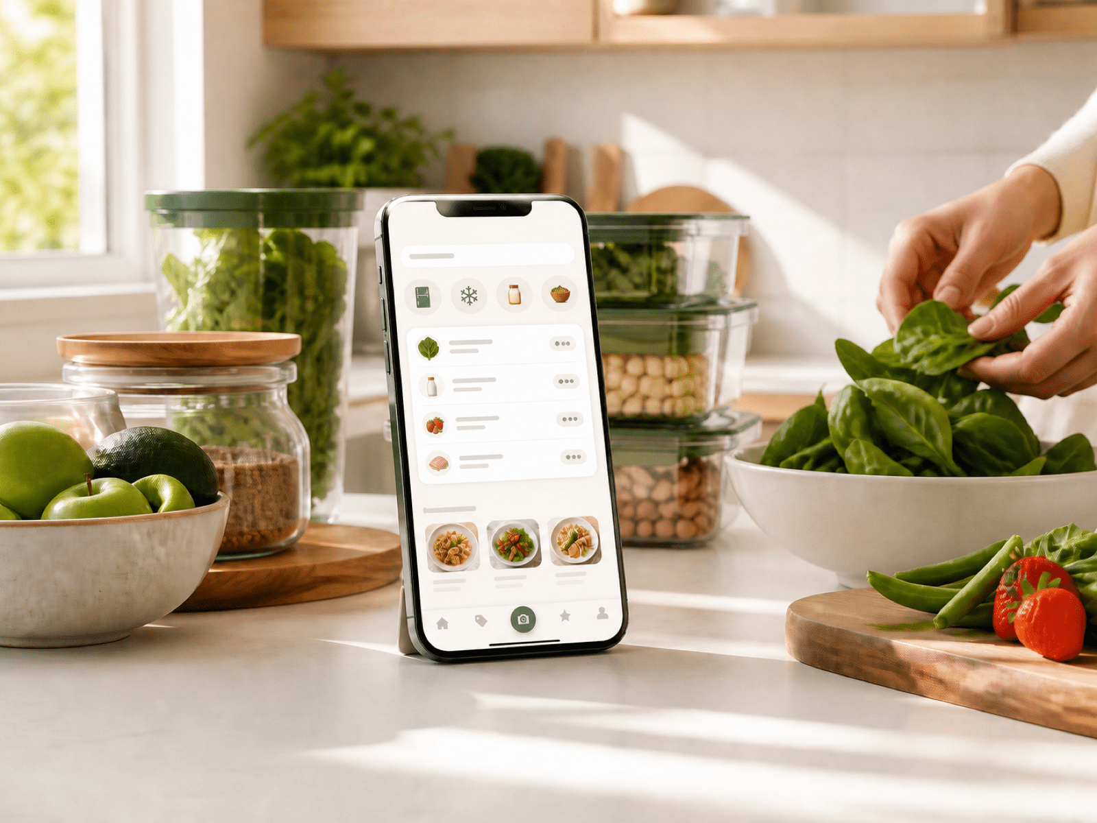 Home Flow app on a phone while groceries are organized on a bright kitchen counter