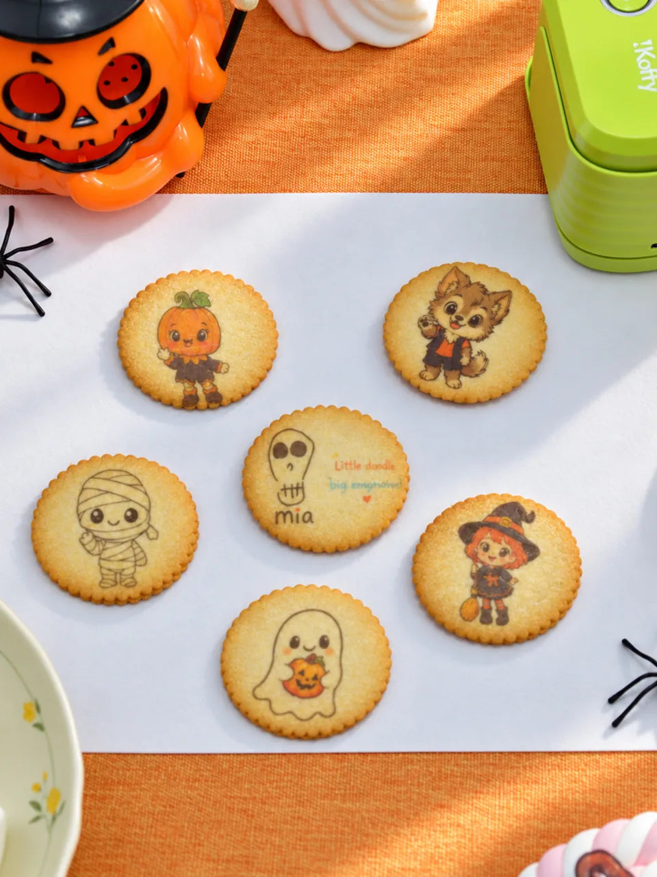 Halloween characters printed on golden cookies.