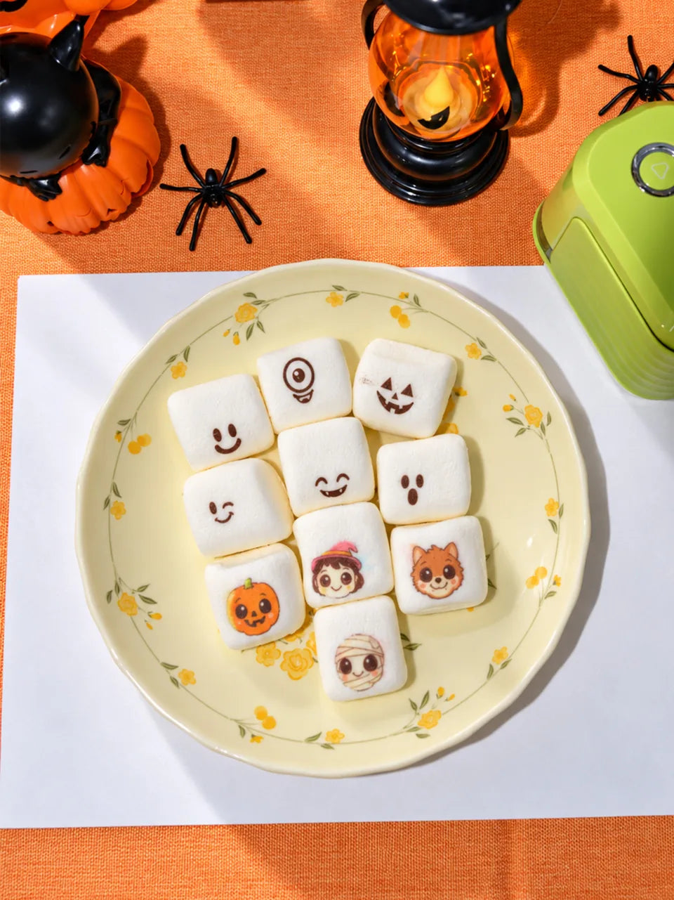 Halloween faces and characters printed on marshmallows.