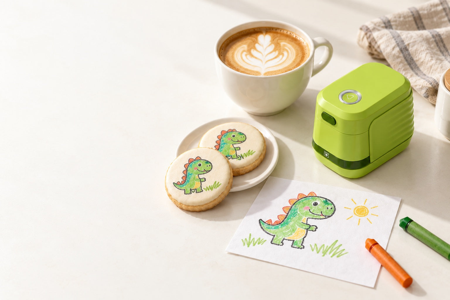 The About iKoffy story image with coffee, a child’s drawing and EdiBot