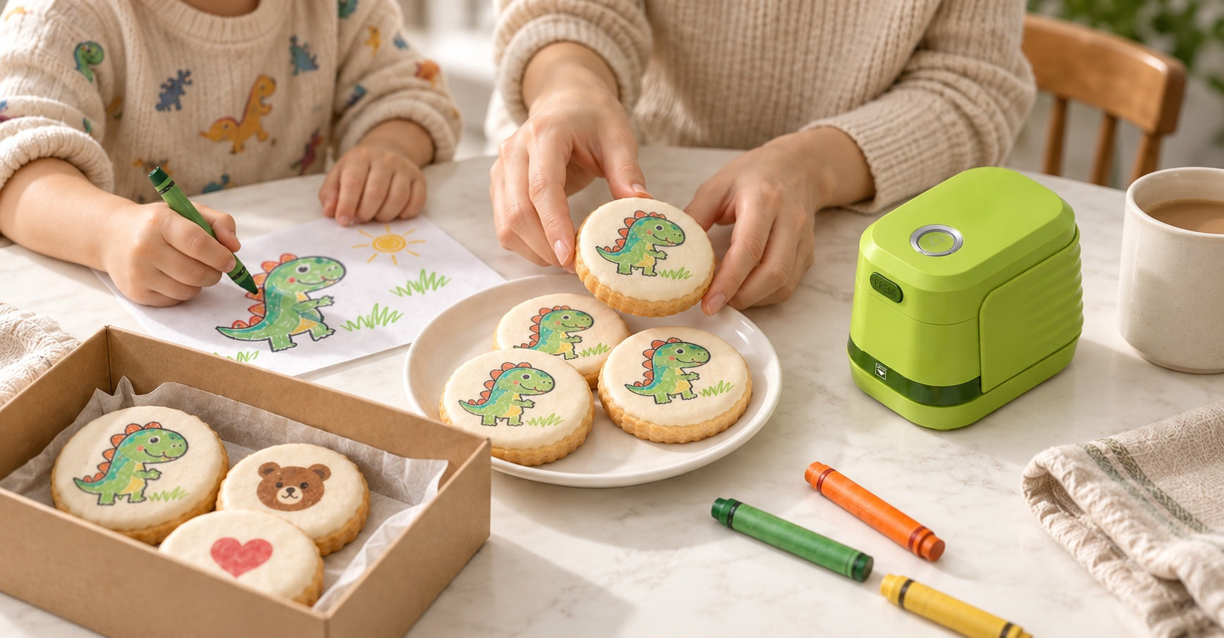 Illustrative scene of a child and parent making decorated cookies from a drawing