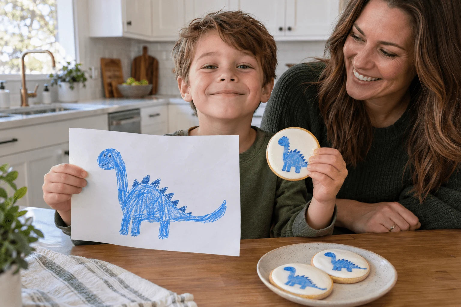 Illustrative family scene: a child shows a drawing and a decorated cookie with a matching motif.