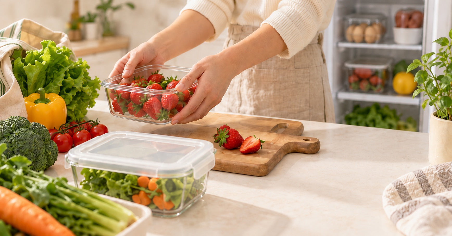 Illustrative home kitchen with fresh food being stored beside a refrigerator