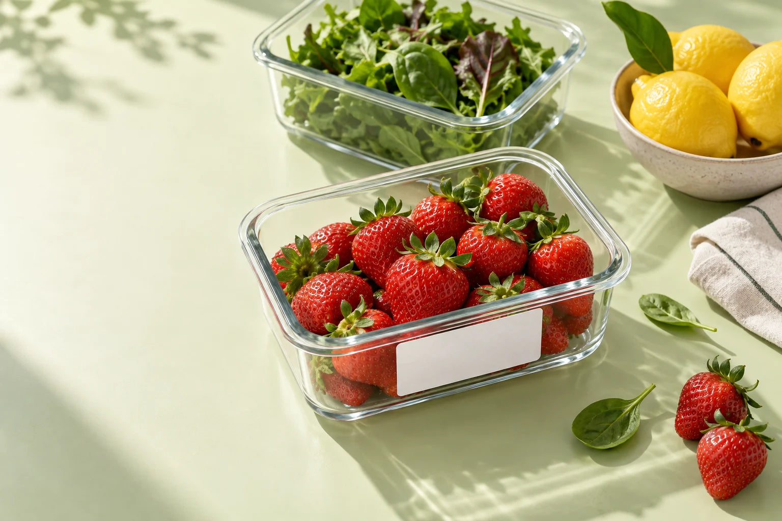 Illustrative home kitchen with fresh food being stored beside a refrigerator