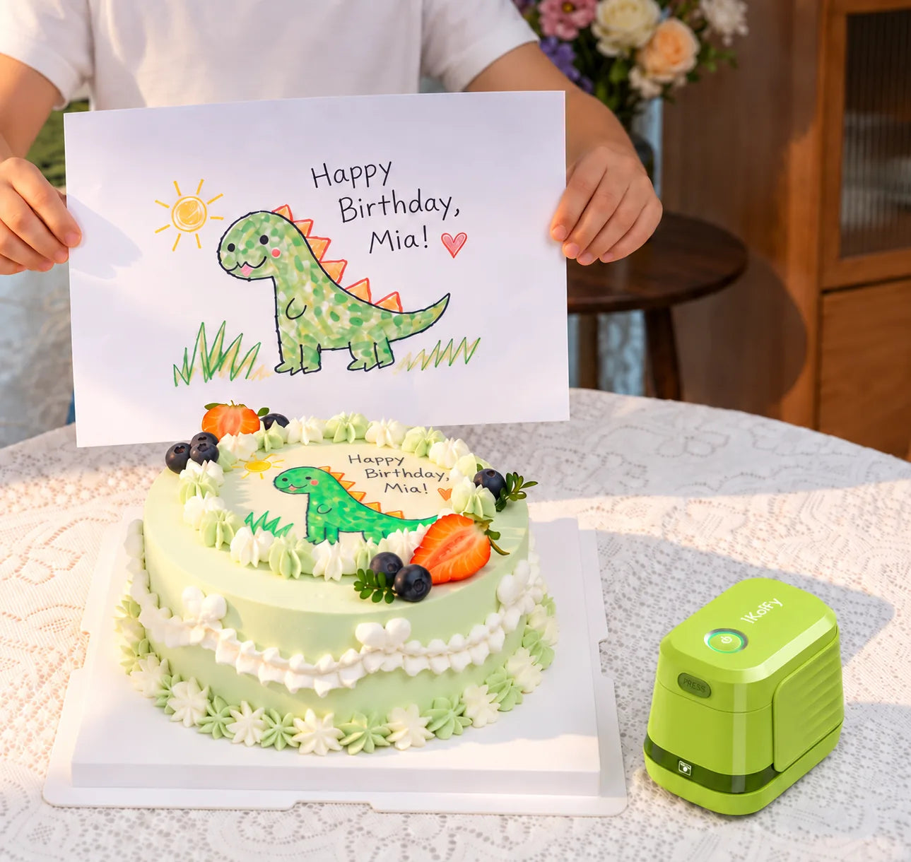 A dinosaur birthday drawing and matching decorated cake beside the EdiBot printer.